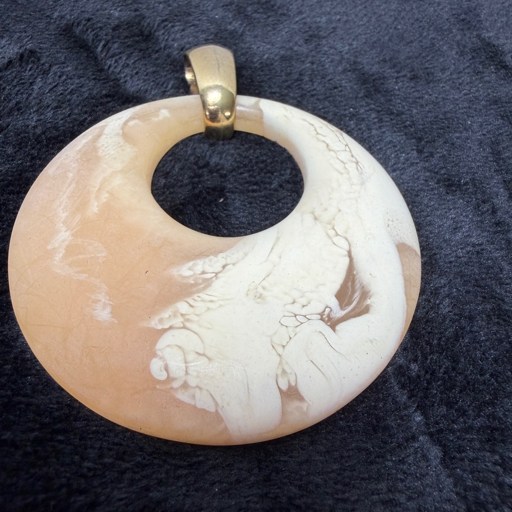 Large Marbled Peach Cream Resin Donut Statement Pendant Gold Tone Bail  Mature